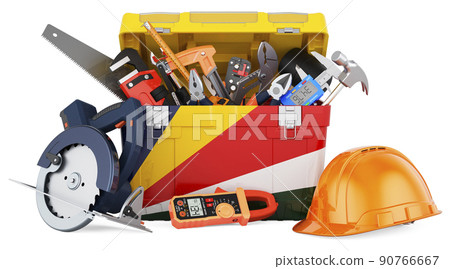 Seychelloise flag painted on the toolbox. Service, repair and construction in Seychelles, concept. 3D rendering Seychelloise flag painted on the toolbox. Service, repair and construction in Seychelles, concept. 3D rendering 90766667