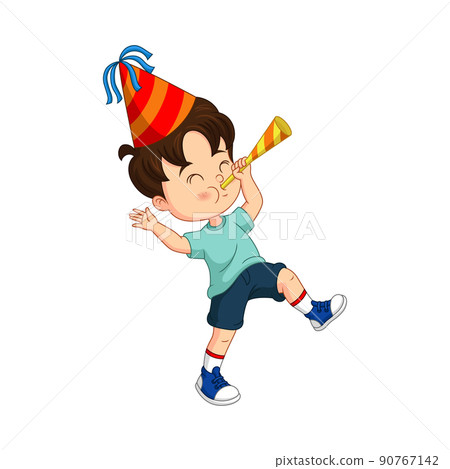 Happy little boy blowing a paper trumpet Happy little boy blowing a paper trumpet 90767142