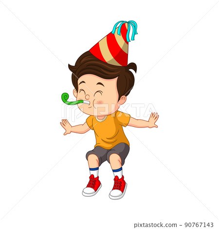 Happy little boy blowing a paper trumpet Happy little boy blowing a paper trumpet 90767143