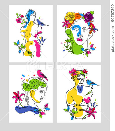 Surrealism. Modern conceptual art colorful cards with ancient statue with flowers isolated on light colored background. Collage of contemporary art. Fashion design. 90767260