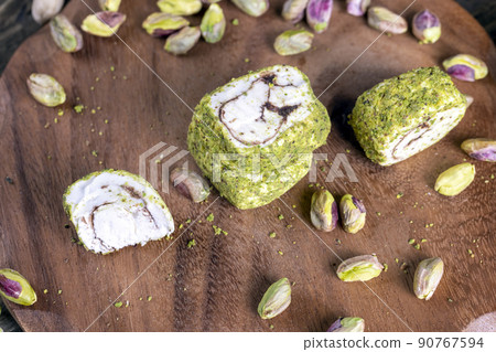 soft Turkish delight confection with pistachio nuts and chocolate 90767594