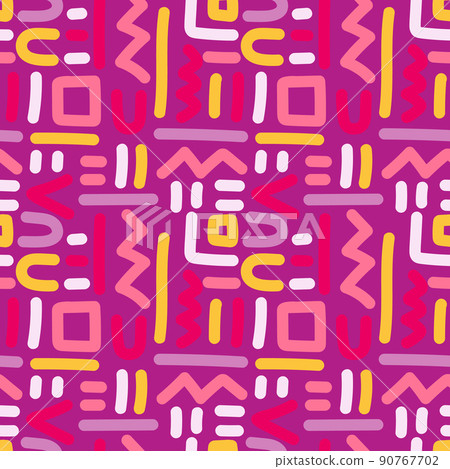 Hand drawn creative shapes seamless pattern on pink background. Diffirent lines ornament. 90767702