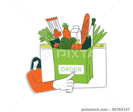 Grocery courier delivering online shop order background pattern. Grocery courier delivering online shop order background pattern. 90768147