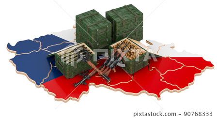 Czech map with weapons. Military supplies in Czech Republic, concept. 3D rendering 90768333
