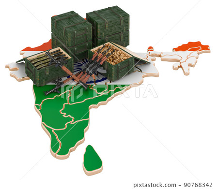 Indian map with weapons. Military supplies in India, concept. 3D rendering 90768342