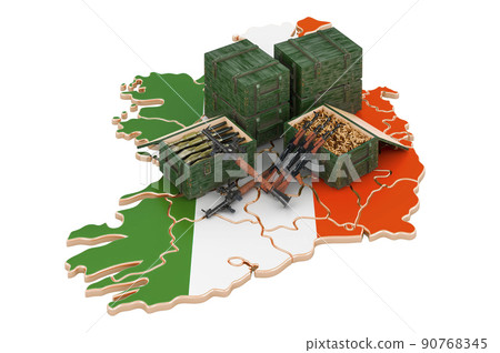 Irish map with weapons. Military supplies in Ireland, concept. 3D rendering 90768345