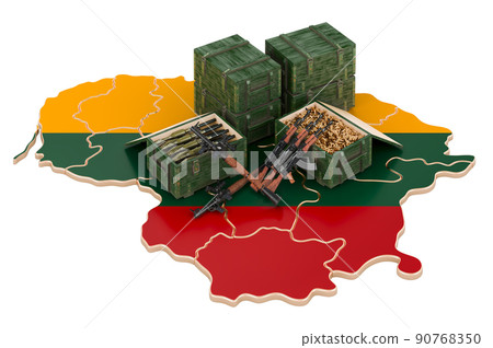 Lithuanian map with weapons. Military supplies in Lithuania, concept. 3D rendering 90768350