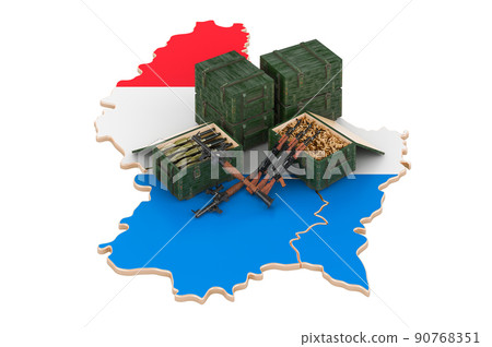 Luxembourgish map with weapons. Military supplies in Luxembourg, concept. 3D rendering 90768351
