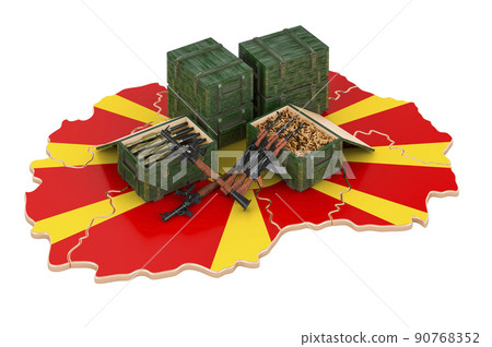 Macedonian map with weapons. Military supplies in Macedonia, concept. 3D rendering 90768352