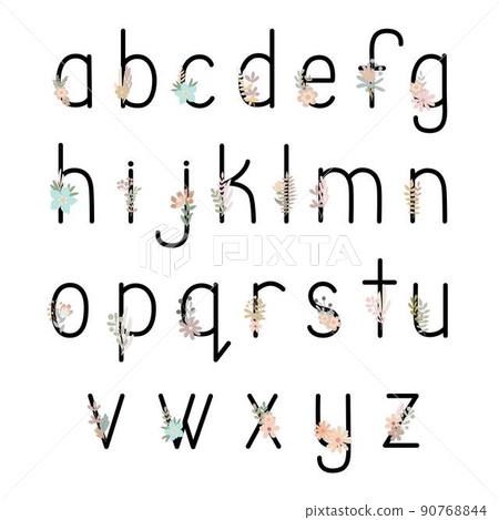 Letters of English, Latin alphabet lowercase decorated with flowers, floral abc, monogram vector illustration in simple boho style, flat pastel colored decorative lettering Letters of English, Latin alphabet lowercase decorated with flowers, floral abc, monogram vector illustration in simple boho style, flat pastel colored decorative lettering 90768844