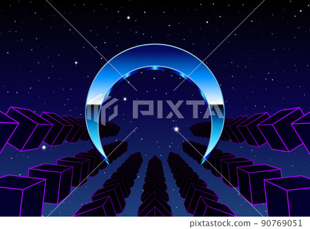 Synthwave frame with chrome arc and 80s styled synthwave arcade game landscape. Synthwave frame with chrome arc and 80s styled synthwave arcade game landscape. 90769051