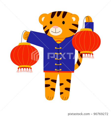 Cartoon illustration for children, Chinese New Year. A tiger and a Chinese lantern. Vector Cartoon illustration for children, Chinese New Year. A tiger and a Chinese lantern. Vector 90769272