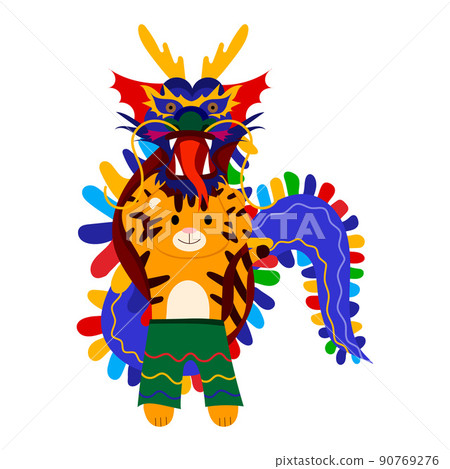 Cartoon illustration for children, Chinese New Year. A tiger and a Chinese dragon. Cartoon illustration for children, Chinese New Year. A tiger and a Chinese dragon. 90769276
