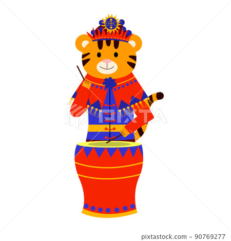 Cartoon illustration for children, Chinese New Year. A tiger plays a drum 90769277