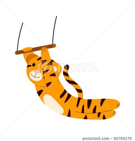 Cartoon vector illustration for children, tiger aerial acrobat in the circus, Chinese new year. Cartoon vector illustration for children, tiger aerial acrobat in the circus, Chinese new year. 90769279