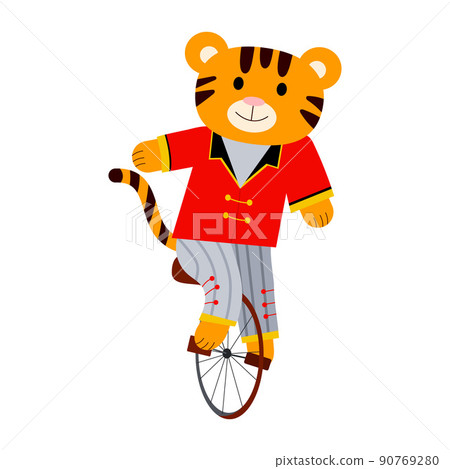 Cartoon vector illustration for children, tiger on a bicycle in a circus, Chinese new year. Cartoon vector illustration for children, tiger on a bicycle in a circus, Chinese new year. 90769280