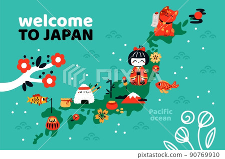 Welcome to Japan. Map with traditional elements. Cultural attraction. Invitational travel banner. Lucky items and food. National tourism attributes. Japanese souvenir. Vector poster 90769910