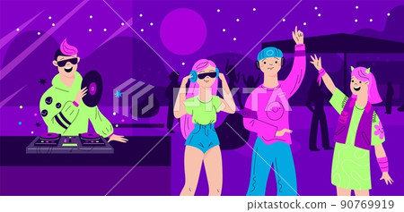 Open air DJ party. Dance community. Musical festival. Night club discotheque. Techno, electro music concert. Men or women disco dancing. People on outdoor event. Garish vector concept Open air DJ party. Dance community. Musical festival. Night club discotheque. Techno, electro music concert. Men or women disco dancing. People on outdoor event. Garish vector concept 90769919