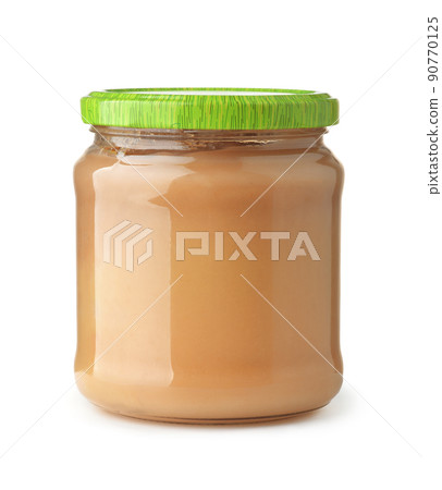 Front view of unlabeled apple puree glass jar 90770125