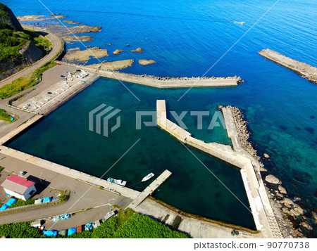 Aerial view of the scenery of the Shora fishing port in Setana, Hokkaido in early summer 90770738