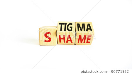 Stigma or shame symbol. Concept words Stigma or Shame on wooden cubes. Beautiful white table white background. Business stigma or shame concept. Copy space. 90771552