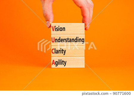 VUCA vision understanding clarity agility symbol. Concept words VUCA vision understanding clarity agility on blocks. Orange background. Business and VUCA vision understanding clarity agility concept. VUCA vision understanding clarity agility symbol. Concept words VUCA vision understanding clarity agility on blocks. Orange background. Business and VUCA vision understanding clarity agility concept. 90771600