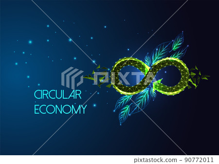 Concept of circular economy with infinity loop and green leaves on dark blue background. 90772011