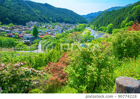 有馬水壩下的風景，入間川方向，城市景觀，春天，新鮮的綠色季節 90774228