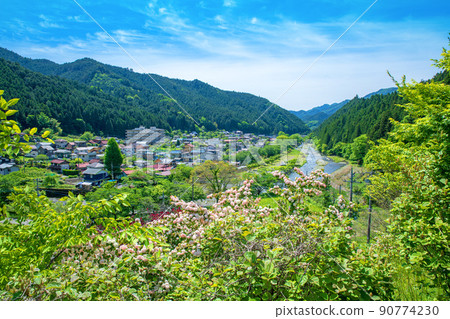 有馬水壩下的風景，入間川方向，城市景觀，春天，新鮮的綠色季節 90774230