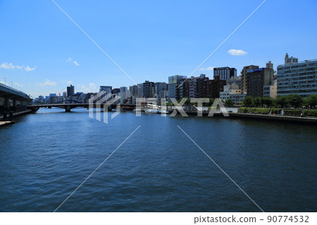 Waterside scenery of Asakusa and Sumida River over Azumabashi Waterside scenery of Asakusa and Sumida River over Azumabashi 90774532