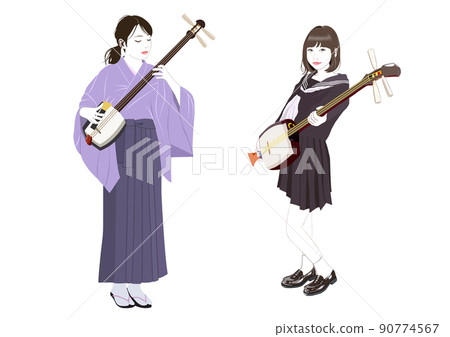 彈三味線的兩個年輕女人 90774567
