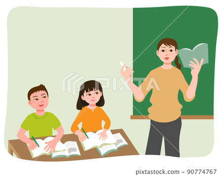 小學女教師站在黑板前的師生 小學女教師站在黑板前的師生 90774767