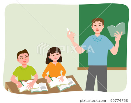 Teachers and students standing in front of the blackboard in elementary school Male teachers Teachers and students standing in front of the blackboard in elementary school Male teachers 90774768