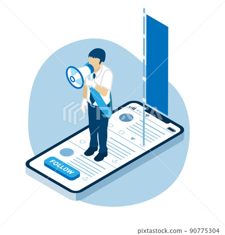 男性候選人在 SNS 上的智能手機競選活動中發表演講 90775304