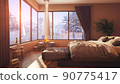 A hotel room with a bed and a large window with winter background 3d illustration 90775417