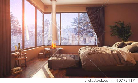 A hotel room with a bed and a large window with winter background 3d illustration A hotel room with a bed and a large window with winter background 3d illustration 90775417