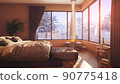A hotel room with a bed and a large window with winter background 3d illustration 90775418