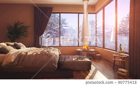 A hotel room with a bed and a large window with winter background 3d illustration 90775418