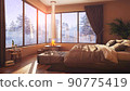 A hotel room with a bed and a large window with winter background 3d illustration 90775419
