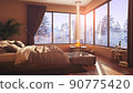 A hotel room with a bed and a large window with winter background 3d illustration 90775420