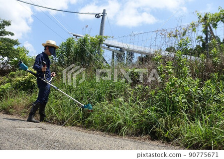 Weeding work along the road, a man mowing grass Weeding work along the road, a man mowing grass 90775671