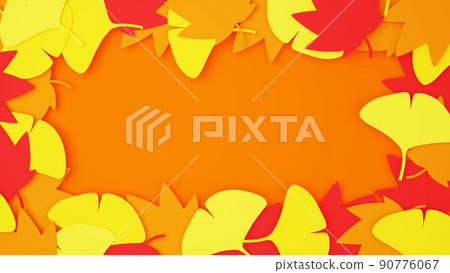 Frame image of plants that turn red in autumn. Maple and ginkgo leaves. Orange background. 90776067