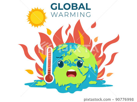 Global Warming Cartoon Style Illustration with Planet Earth in a Melting or Burning State and Image Sun to Prevent Damage to Nature and Climate Change Global Warming Cartoon Style Illustration with Planet Earth in a Melting or Burning State and Image Sun to Prevent Damage to Nature and Climate Change 90776998