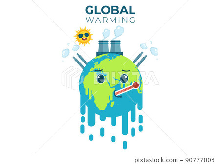 Global Warming Cartoon Style Illustration with Planet Earth in a Melting or Burning State and Image Sun to Prevent Damage to Nature and Climate Change 90777003