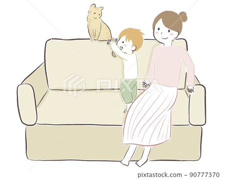 Mom, kid and pet cat relaxing on the sofa in the living room Mom, kid and pet cat relaxing on the sofa in the living room 90777370