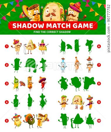 Shadow match game of cartoon tex-mex mexican food characters. Vector worksheet of kids education puzzle, riddle or quiz with funny burrito, taco, nachos and chili pepper, quesadilla, churros, tamale 90777782