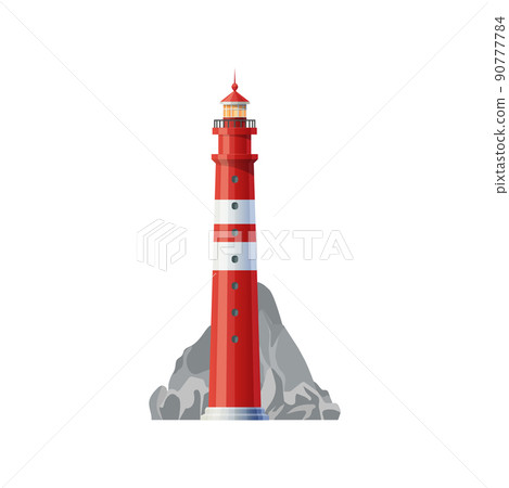 Sea lighthouse building with red and white stripes. Coastal lighthouse lantern building, nautical beacon vector icon. Navigation safety, maritime travel symbol. Lighthouse tower on sea coast 90777784