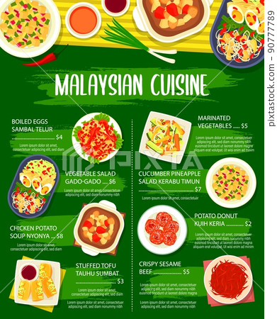 Malaysian cuisine restaurant vegetable meals menu. Eggs Sambal Telur, salad Gado Gado and soup Nyonya, tofu Tauhu Sumbat, cucumber pineapple salad Kerabu Timun and donut Kuih Keria, sesame beef vector Malaysian cuisine restaurant vegetable meals menu. Eggs Sambal Telur, salad Gado Gado and soup Nyonya, tofu Tauhu Sumbat, cucumber pineapple salad Kerabu Timun and donut Kuih Keria, sesame beef vector 90777789