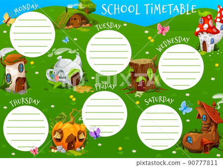 Education timetable schedule cartoon village of gnome or elf houses. Vector school lessons weekly planner template with mushroom, teapot, old boot and amanita, pumpkin, hillock and stump homes frame Education timetable schedule cartoon village of gnome or elf houses. Vector school lessons weekly planner template with mushroom, teapot, old boot and amanita, pumpkin, hillock and stump homes frame 90777811