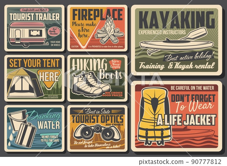 Outdoor recreation and tourism hobby retro banners. Caravan towed trailer, kayak and tourist tent, hiking boots, life jacket and binoculars vector. Water and fire danger warnings vintage posters 90777812